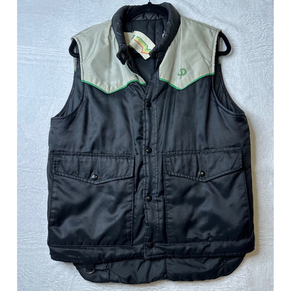 Vintage John Deere Puffer Vest Mens Black Western Yoke Snap Front Pockets L 0632